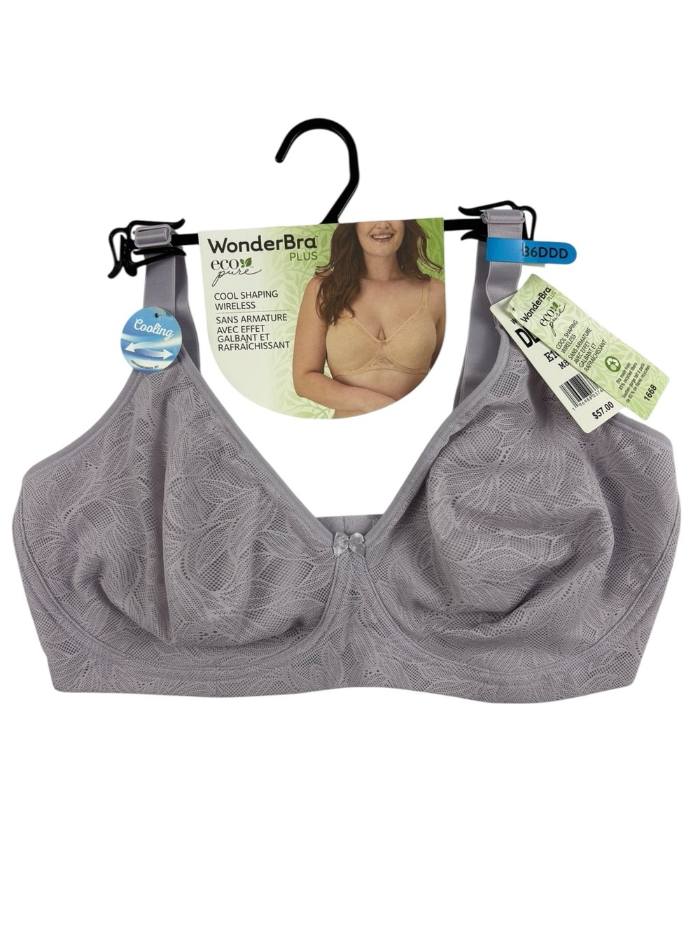 WonderBra Plus 36DDD Eco Pure Cool Shaping Wireless Bra 1668 in Lilac NWT